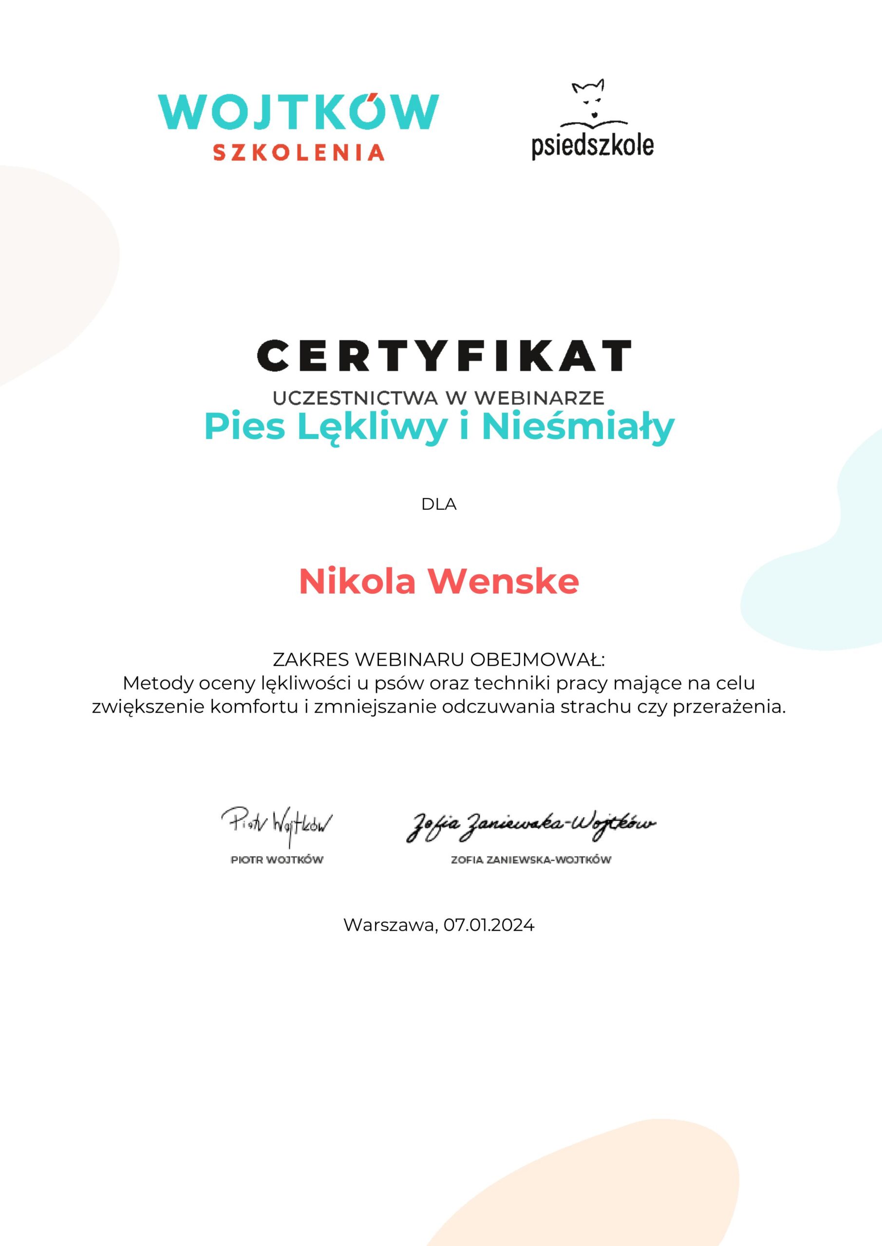 1.nikolawenske-Pies-Lekliwy-i-Niesmialy-Certyfikat-uczestnictwa-webinary-Wojtkow-Szkolenia