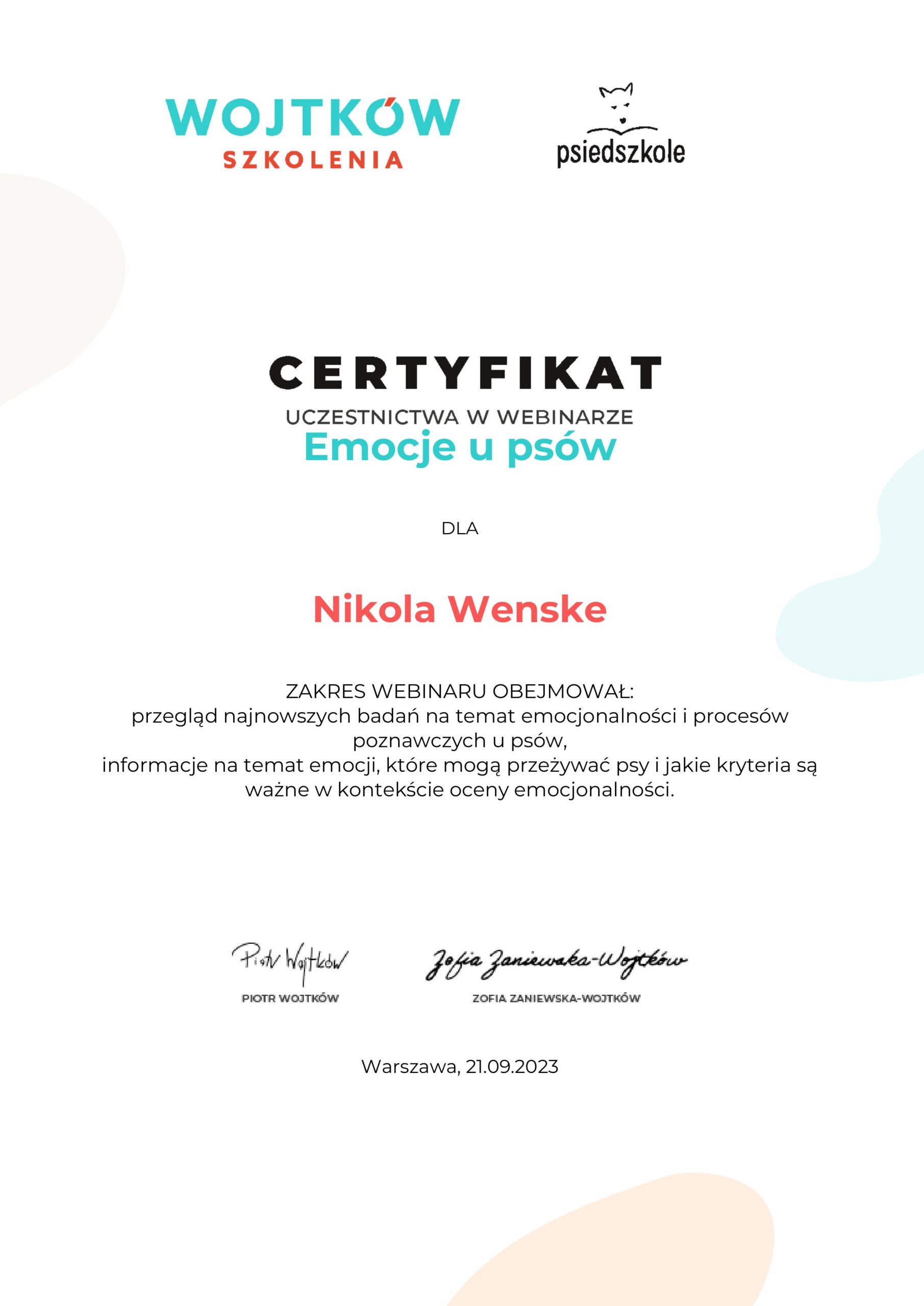 6.nikolawenske-Emocje-u-psow-Certyfikat-uczestnictwa-webinary-Wojtkow-Szkolenia